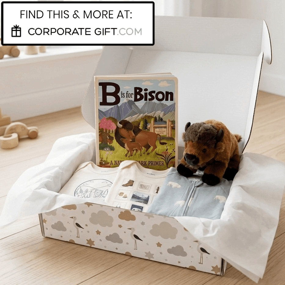 A baby gift box set on a light wood floor, containing a baby denim outfit, a book titled 'B is for Bison', a plush bison toy, and a baby blanket. A white text banner at the top reads 'FIND THIS & MORE AT: CORPORATE GIFT.