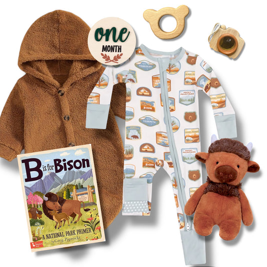 National Park Baby Gift Box featuring fleece jacket, themed onesie, book, plush bison, and milestone marker for babies.
