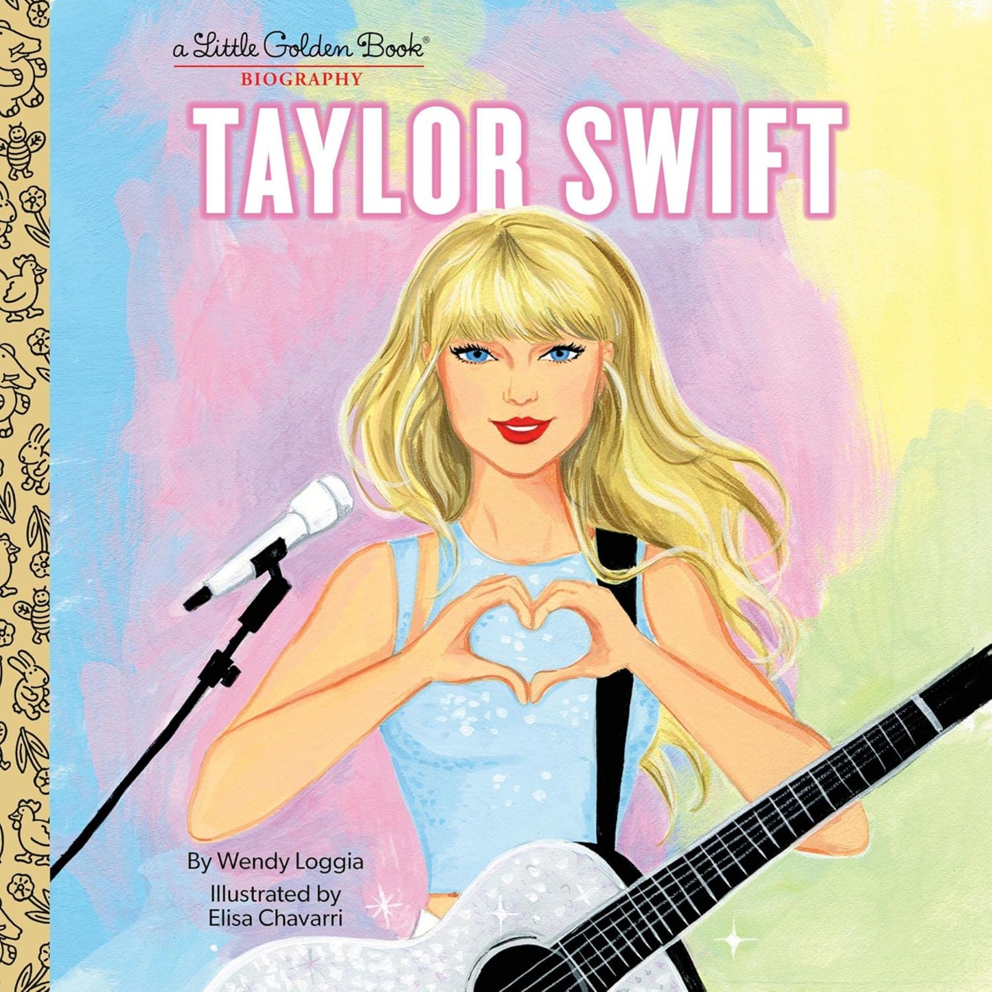 Book cover of 'Taylor Swift' Little Golden Book with illustration of Taylor Swift holding a guitar and microphone.