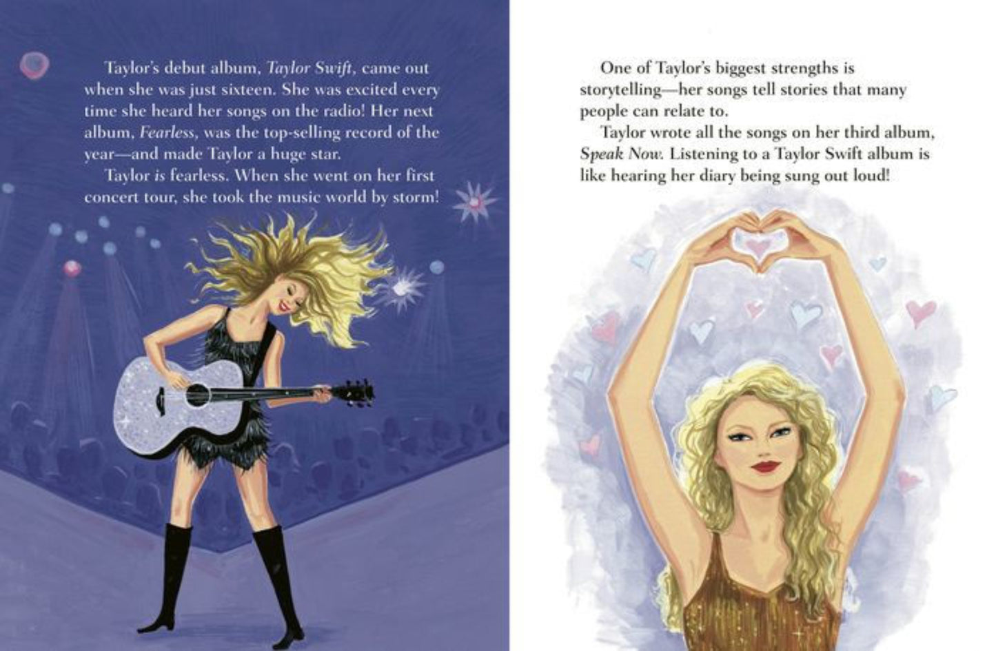 Illustration of a woman with a guitar on one side and another woman holding a heart shape on the other side, with text about Taylor Swift.