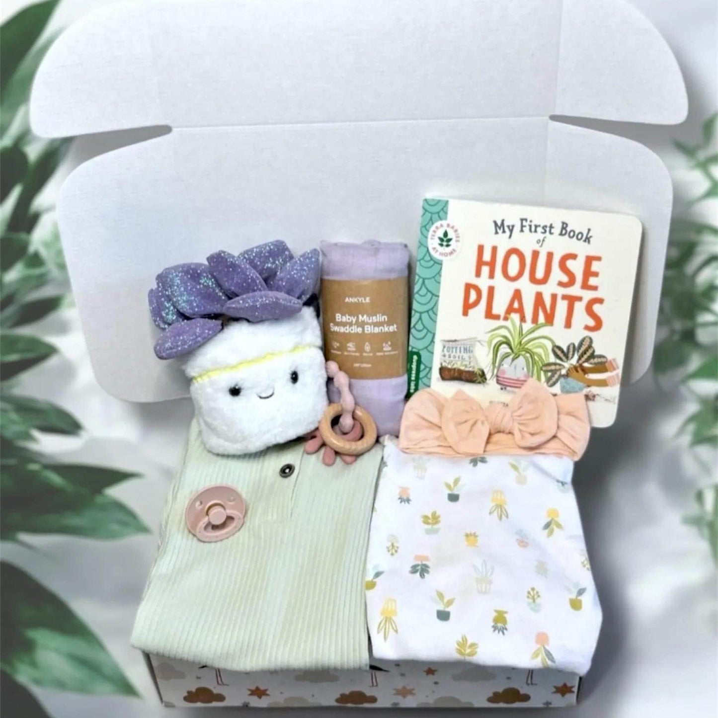 Baby Girl Plant Gift Box | Botanical Baby Shower Present | Baby Outfit Set with Plant Decor | Custom Nature Themed Baby Gift Basket - Hey Baby Box