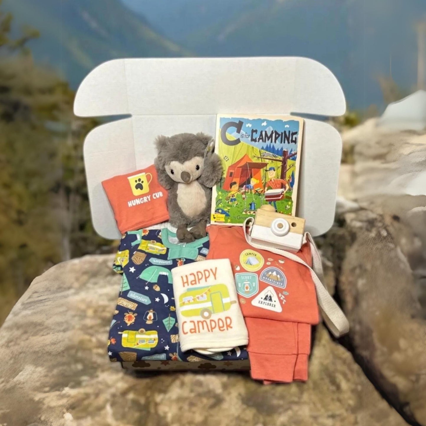 Camping New Baby Gift Box, Onesie, and Camp Footie | Jellycat Owl | Adorable Hiking Gift | Adventure Baby Personalization Available - Hey Baby Box
