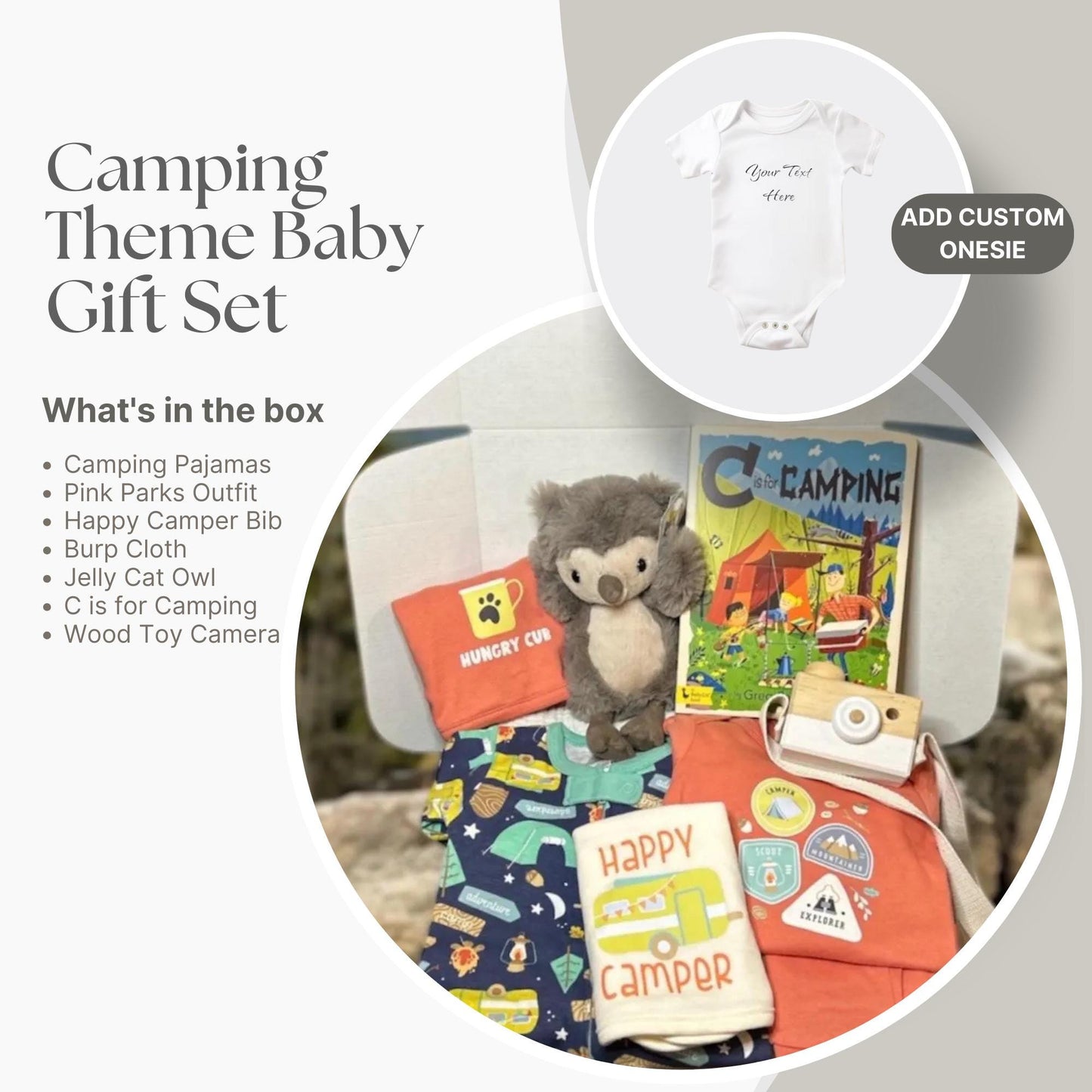 Camping New Baby Gift Box, Onesie, and Camp Footie | Jellycat Owl | Adorable Hiking Gift | Adventure Baby Personalization Available - Hey Baby Box