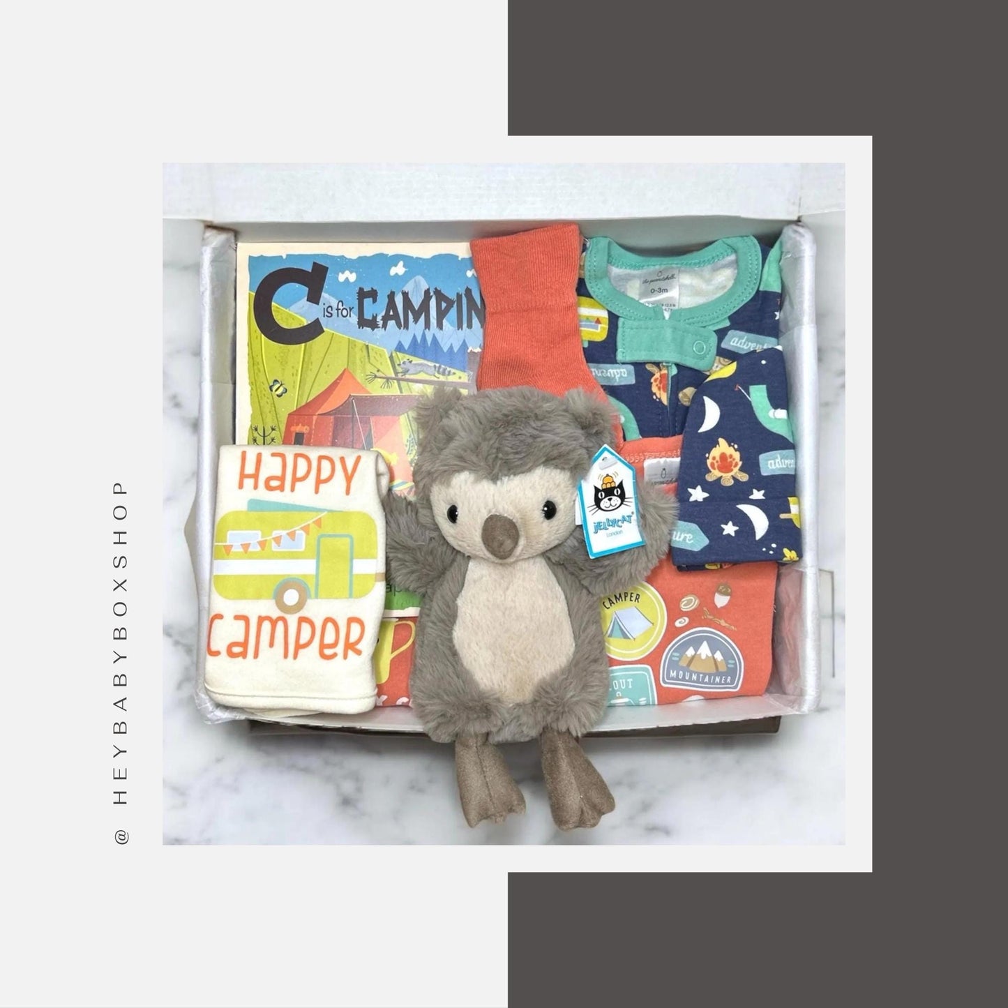 Camping New Baby Gift Box, Onesie, and Camp Footie | Jellycat Owl | Adorable Hiking Gift | Adventure Baby Personalization Available - Hey Baby Box