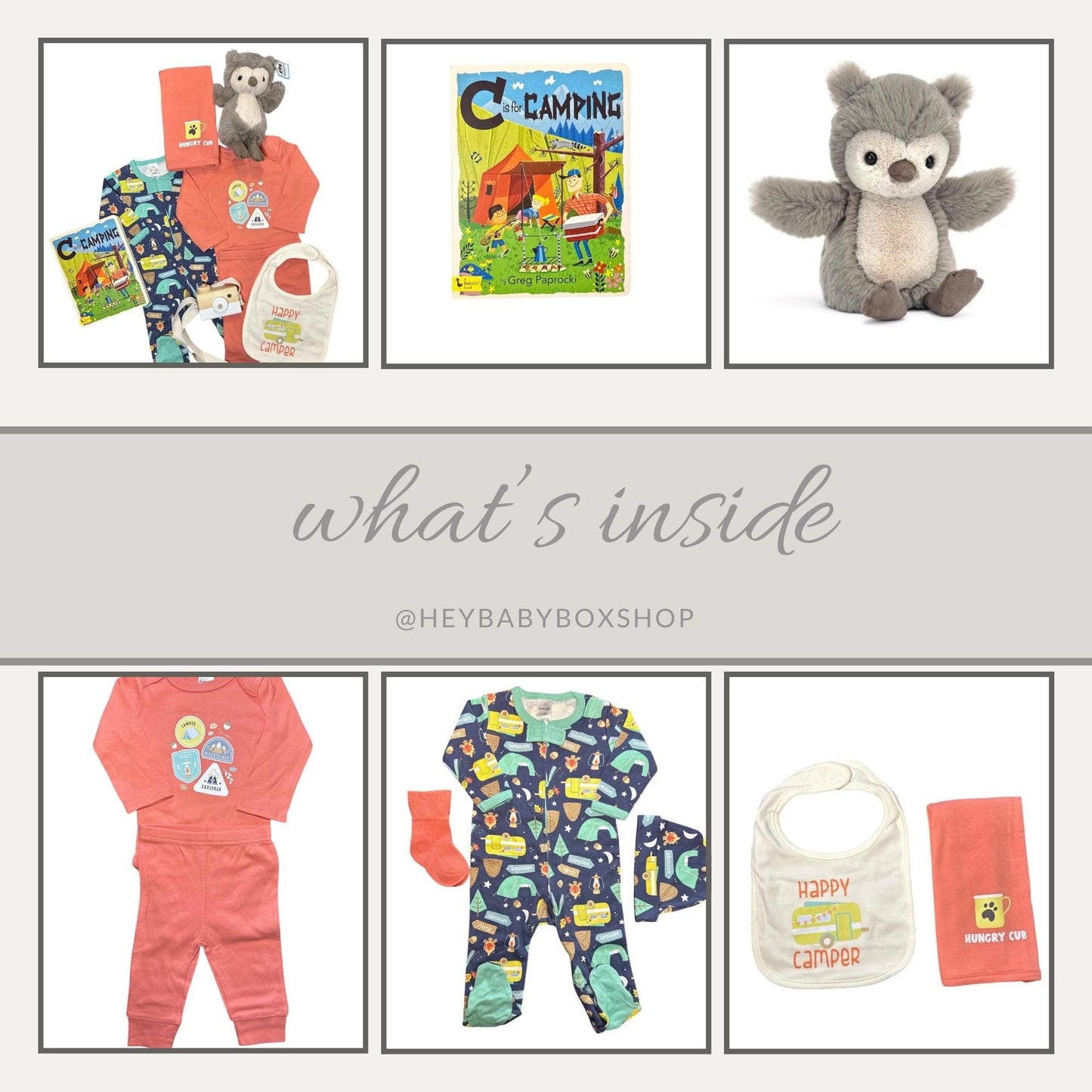 Camping New Baby Gift Box, Onesie, and Camp Footie | Jellycat Owl | Adorable Hiking Gift | Adventure Baby Personalization Available - Hey Baby Box