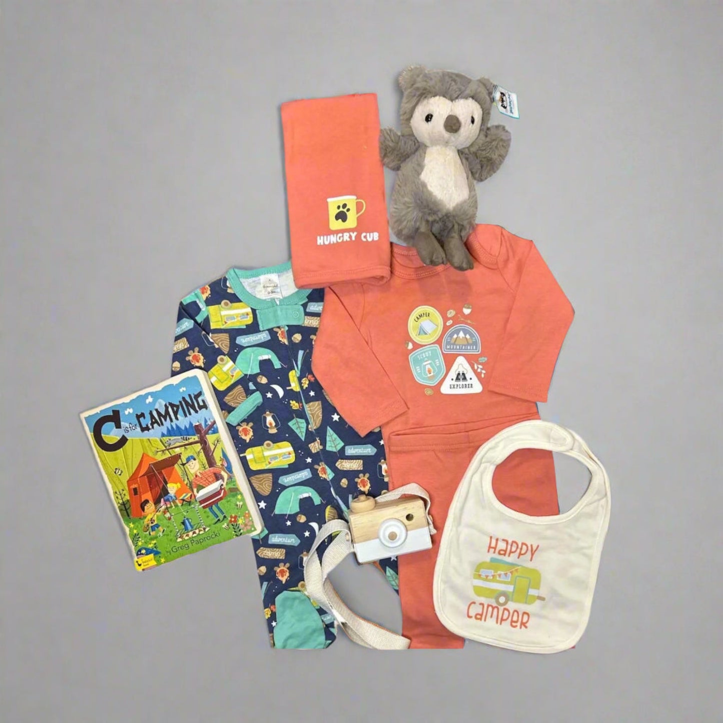 Camping New Baby Gift Box, Onesie, and Camp Footie | Jellycat Owl | Adorable Hiking Gift | Adventure Baby Personalization Available - Hey Baby Box