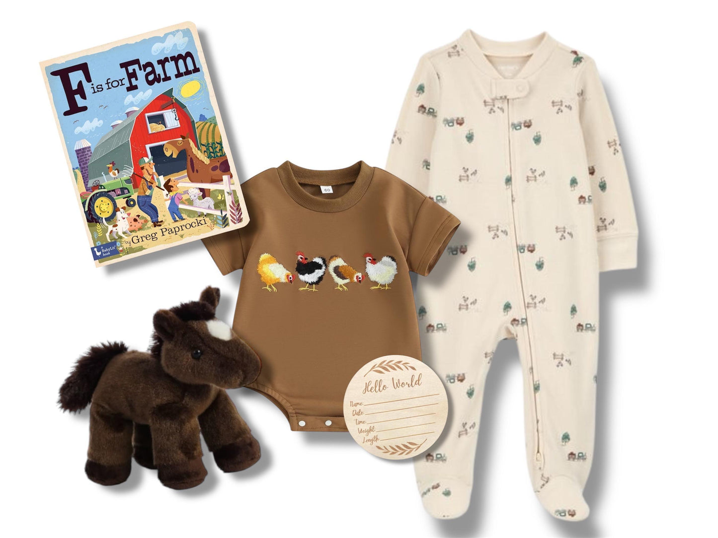Farm Baby Gift Box Set | Newborn Farm Animal Theme Gift Basket with Horse Plush, Chicken Onesie, Farm Book & Hello World Disc | Baby Shower - Hey Baby Box