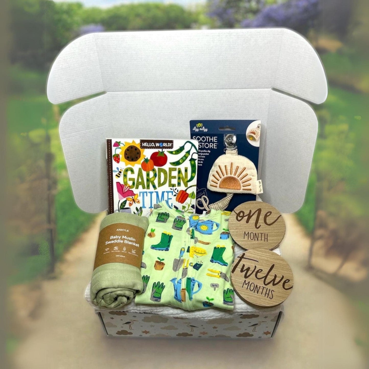 Garden Theme Baby Gift Box, Garden Tools Bamboo Angel Dear Outfit and more - Garden Baby Gift Set - Plant Mom Personalization Available - Hey Baby Box