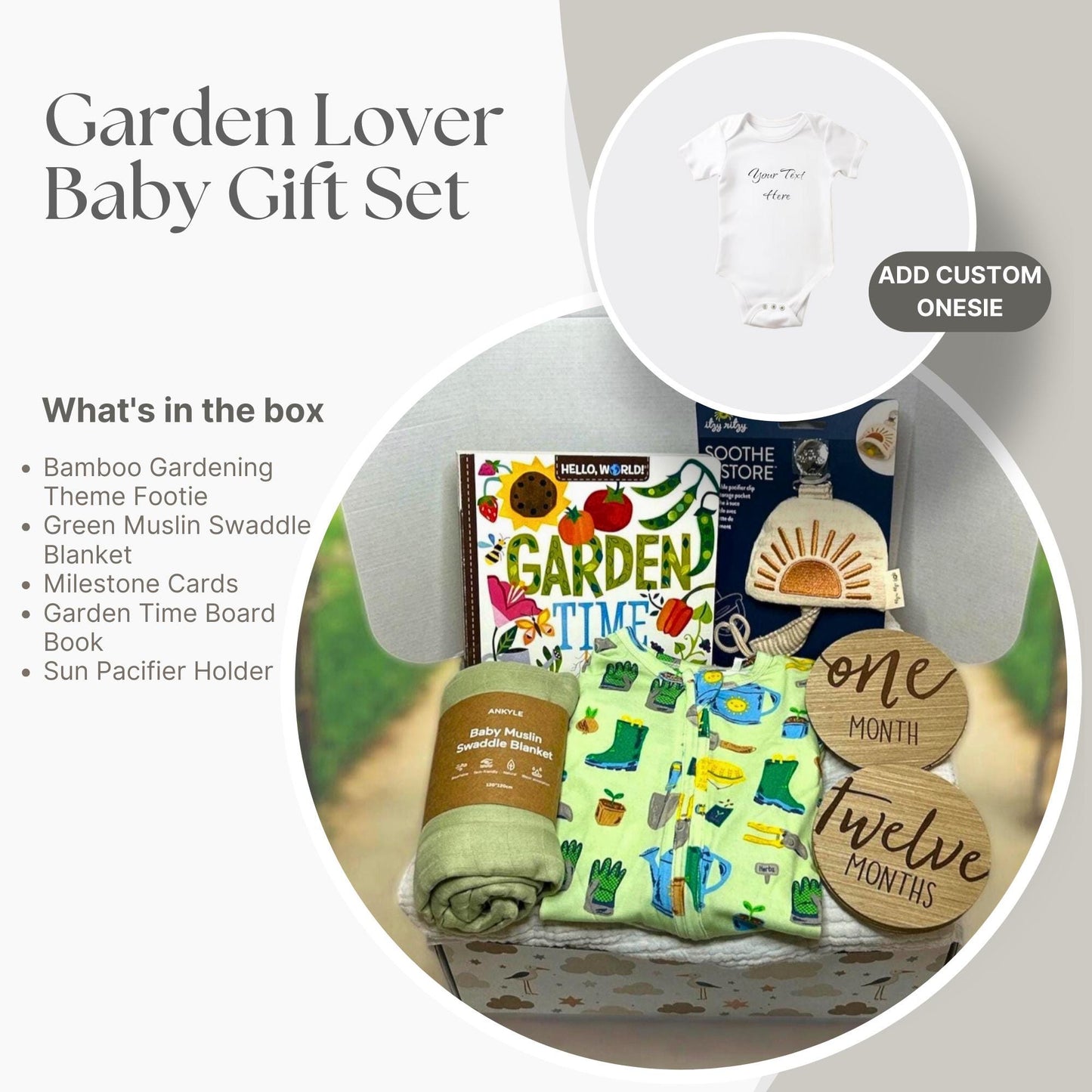 Garden Theme Baby Gift Box, Garden Tools Bamboo Angel Dear Outfit and more - Garden Baby Gift Set - Plant Mom Personalization Available - Hey Baby Box