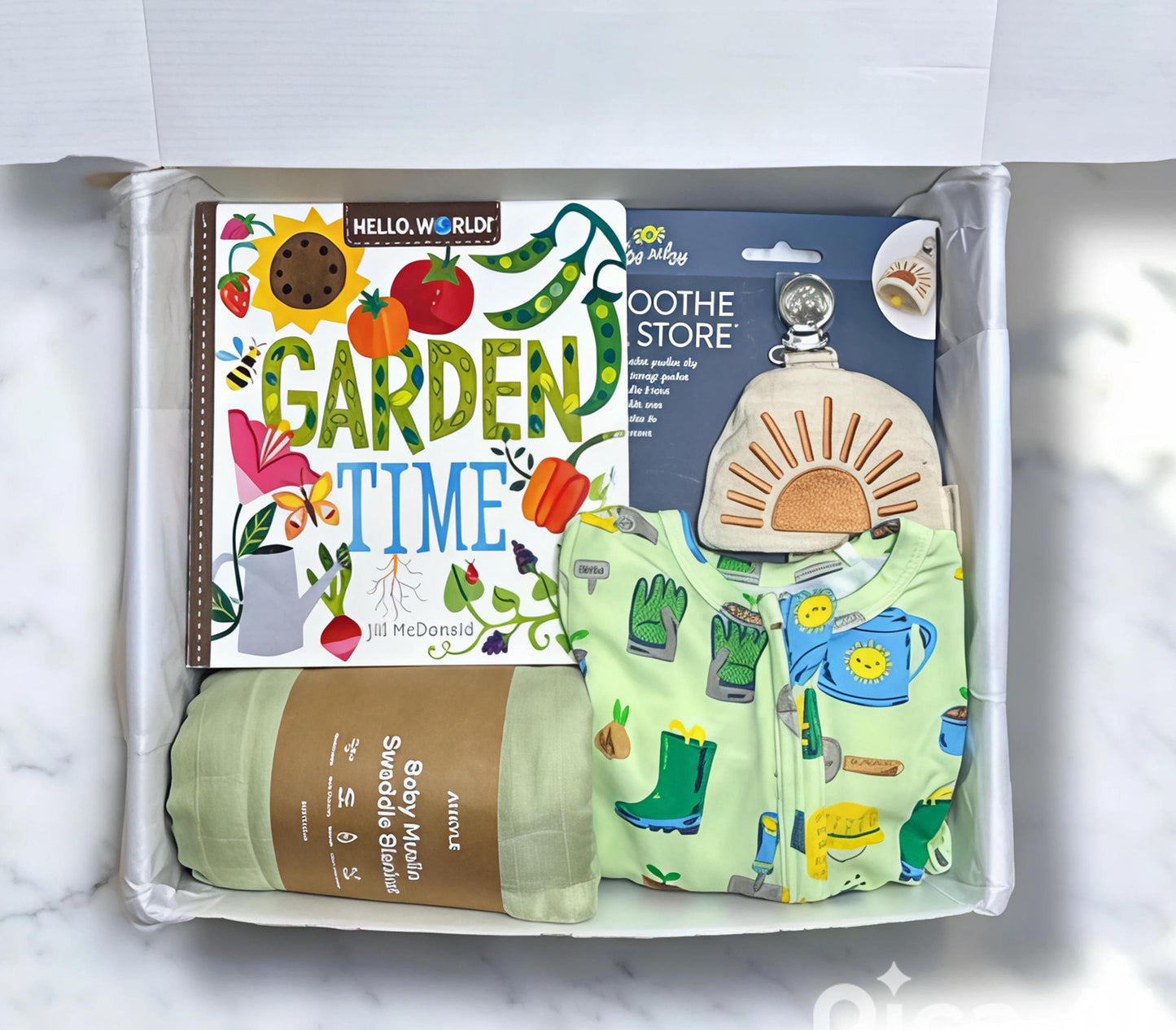 Garden Theme Baby Gift Box, Garden Tools Bamboo Angel Dear Outfit and more - Garden Baby Gift Set - Plant Mom Personalization Available - Hey Baby Box