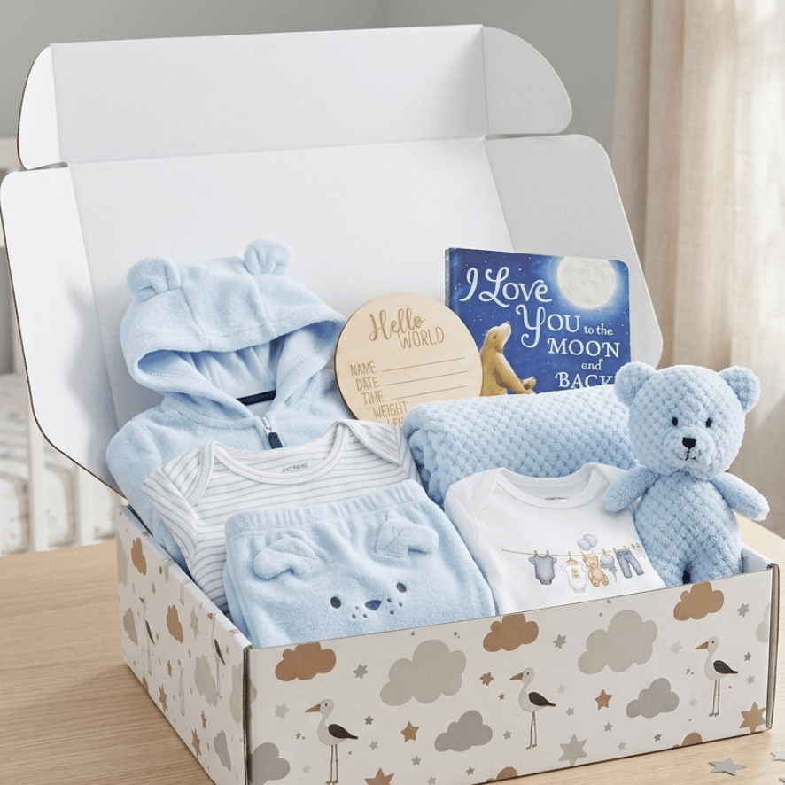 A baby gift box set displayed on a wooden table in a nursery setting. The open white box contains a light blue hooded baby outfit, a striped baby romper, a blue plush teddy bear, a book, and a small wooden card.