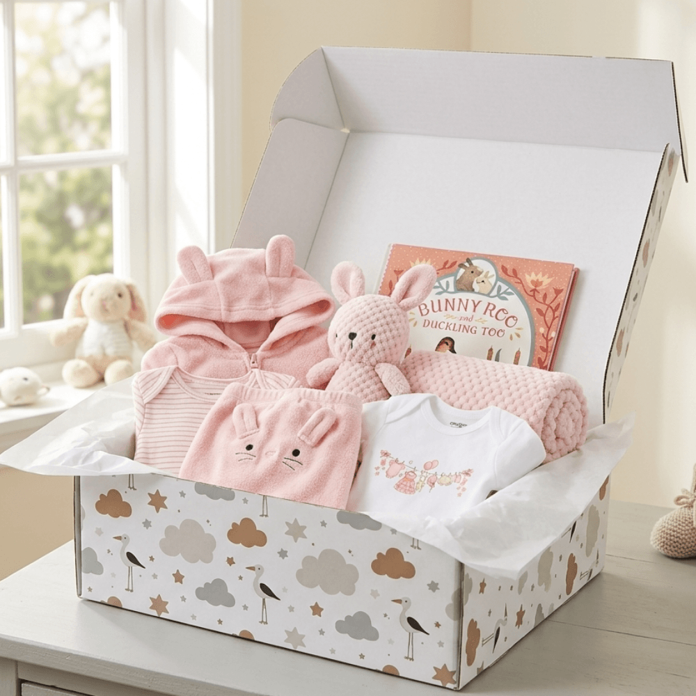 A baby gift box filled with baby items, including a pink bunny hooded outfit, a plush bunny toy, a white t-shirt, a pink blanket, and a book titled 'Bunny Roo', displayed on a table near a window.