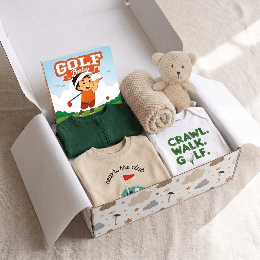 A baby gift box set containing a green quarter-zip baby shirt, a cream t-shirt with green 'crawl. walk.