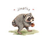 Cute raccoon holding acorn, named Timothy, perfect for baby shower gifts and themed children's collections