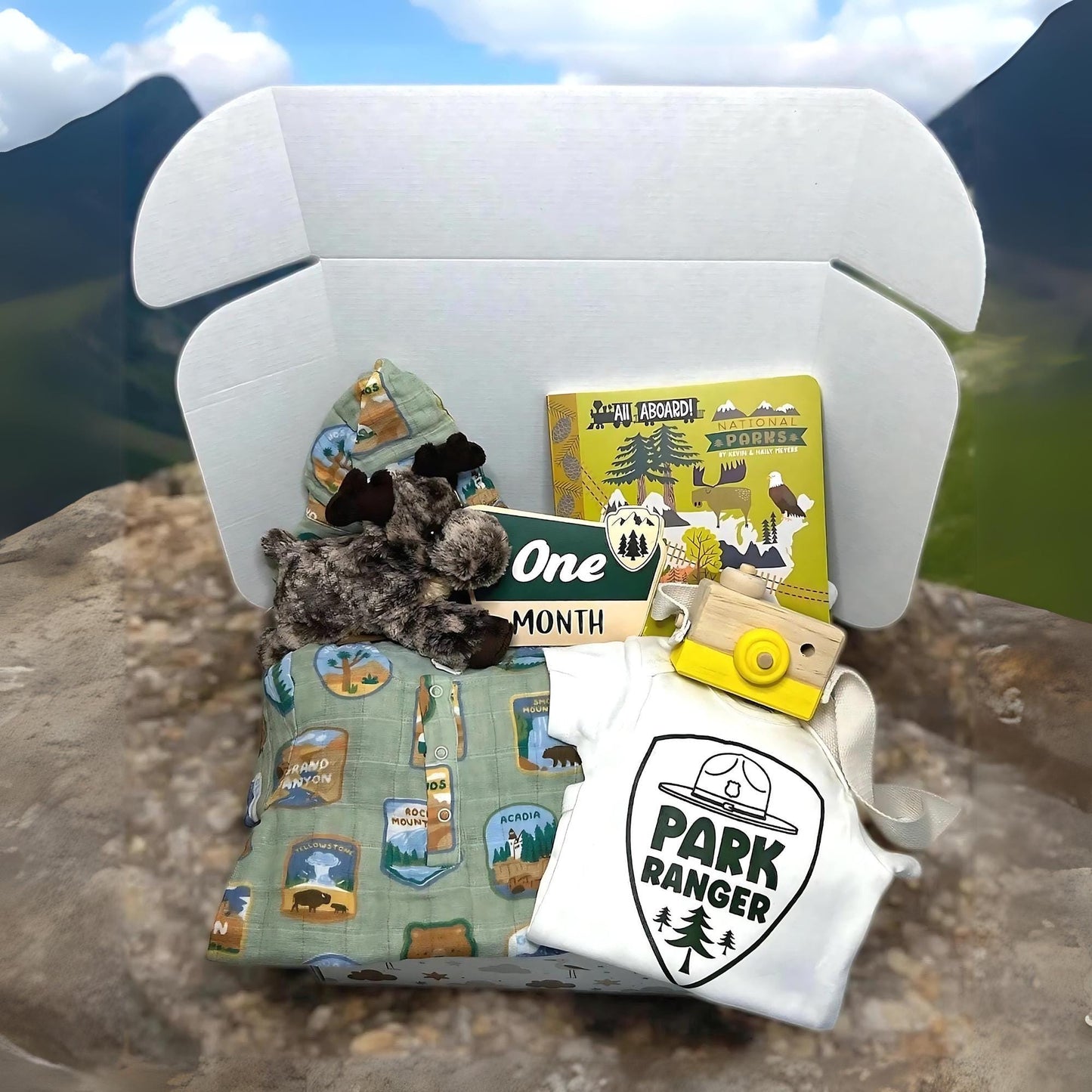 National Parks Theme Gift Box with Book and Angel Dear Parks Romper Set | Park Ranger Onesie | Nature Parents | Personalization Available - Hey Baby Box
