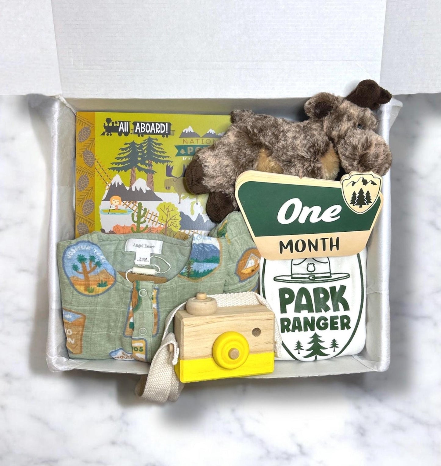National Parks Theme Gift Box with Book and Angel Dear Parks Romper Set | Park Ranger Onesie | Nature Parents | Personalization Available - Hey Baby Box