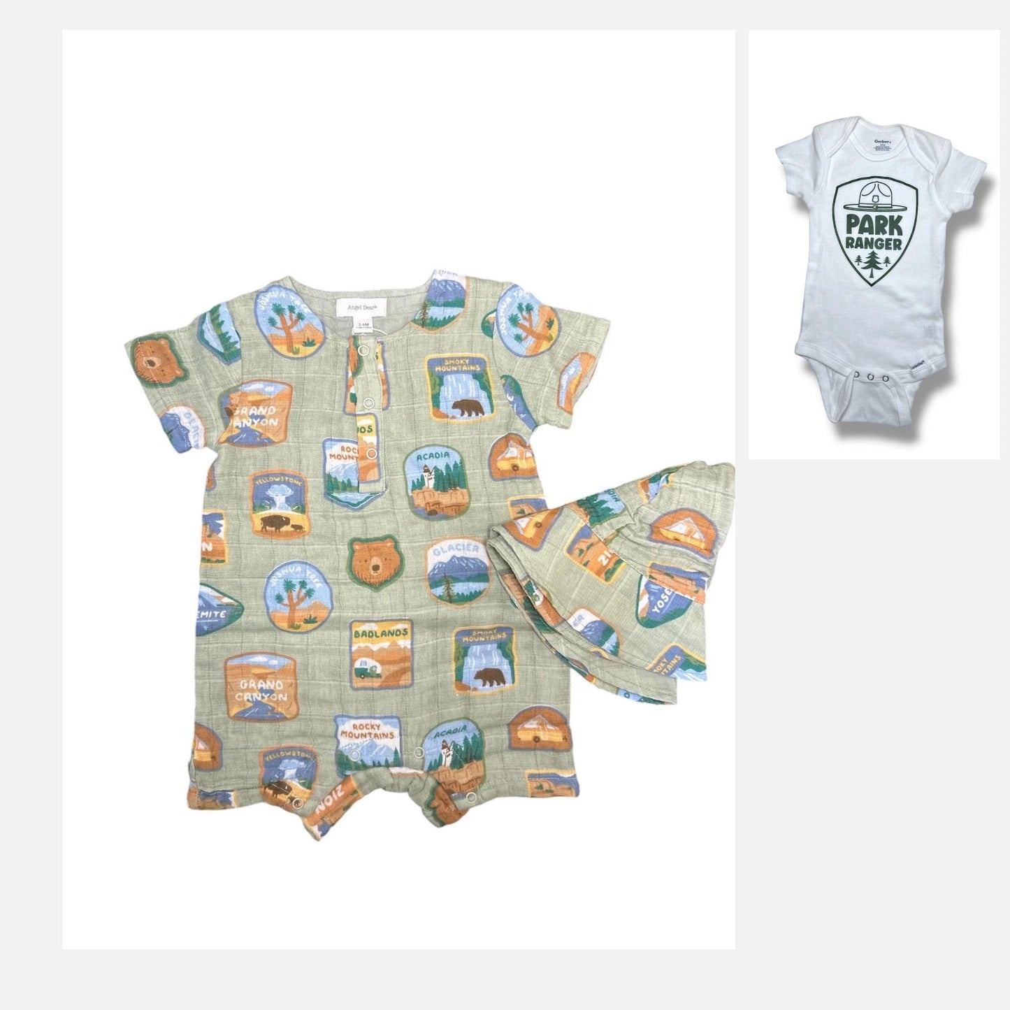 National Parks Theme Gift Box with Book and Angel Dear Parks Romper Set | Park Ranger Onesie | Nature Parents | Personalization Available - Hey Baby Box