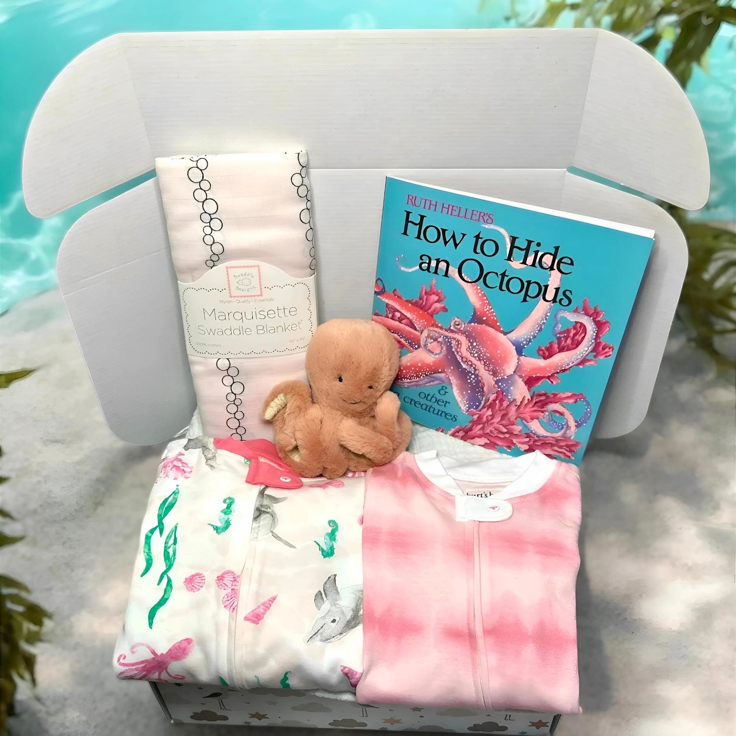 Ocean Baby Gift Box with Jellycat Octopus | Nautical Themed Newborn Gift Set | Baby Shower Present for Girls | Custom Sea Animal Plush Gift - Hey Baby Box