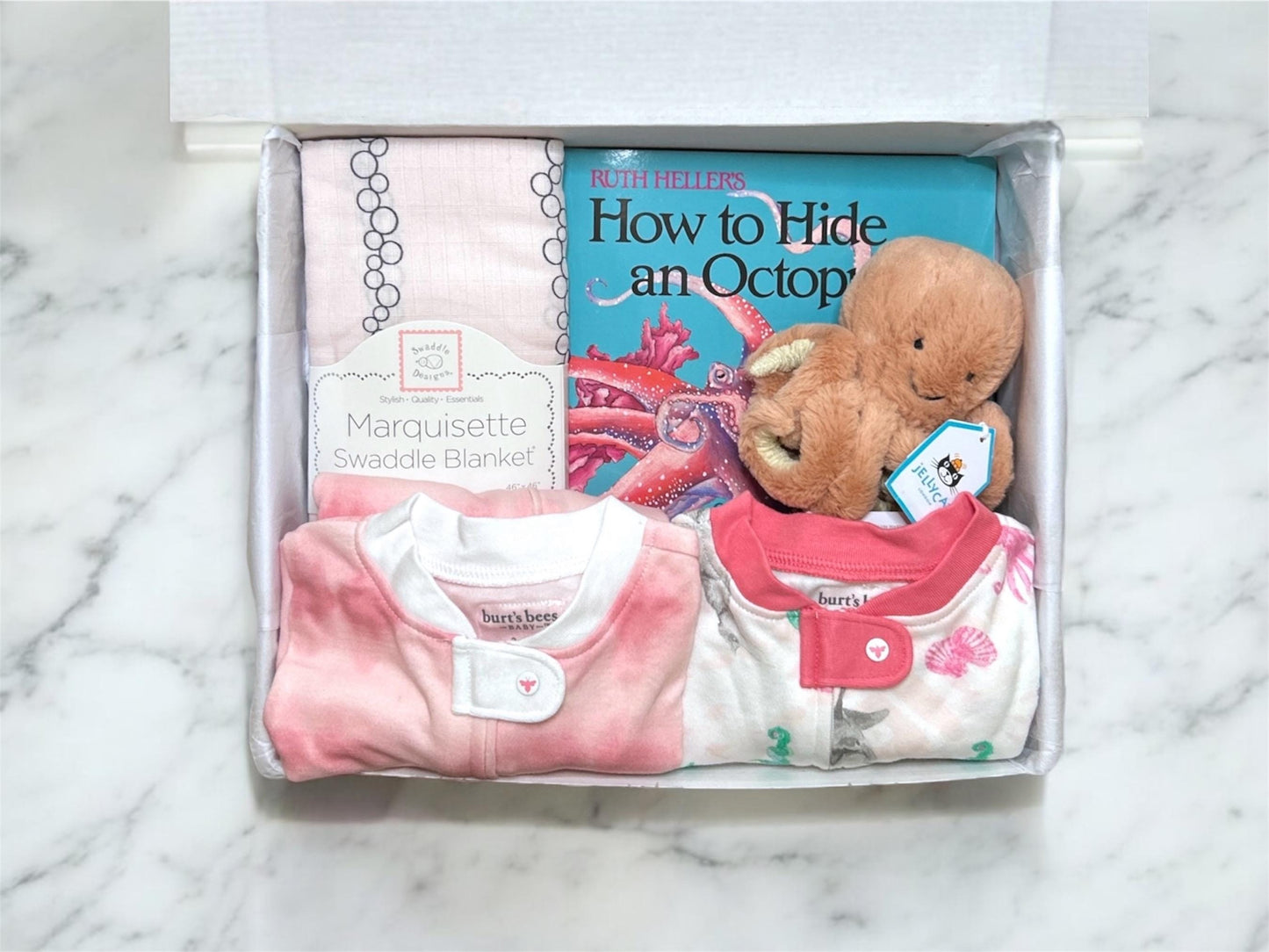 Ocean Baby Gift Box with Jellycat Octopus | Nautical Themed Newborn Gift Set | Baby Shower Present for Girls | Custom Sea Animal Plush Gift - Hey Baby Box