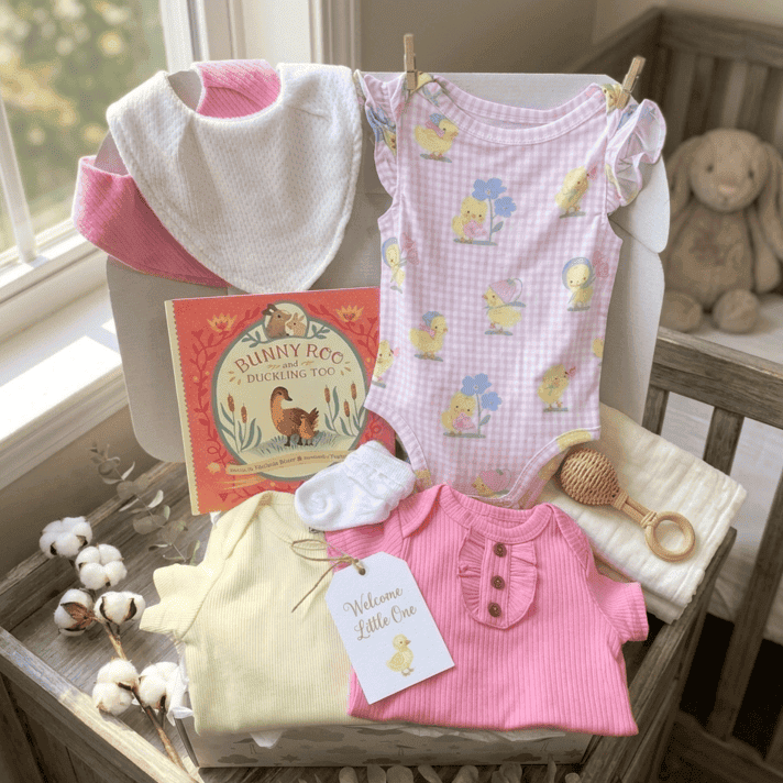 Baby clothing and items on a changing table with a book and teddy bear in the background.