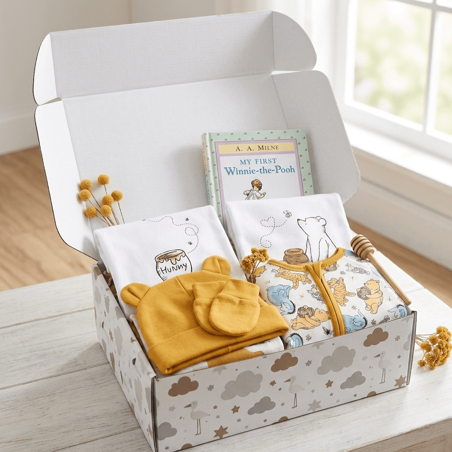 A baby gift box set displayed on a light wooden table near a window. The open white box contains a yellow knit bonnet, a white cloth with a bee illustration labeled 'Maisy', a Winnie-the-Pooh book, and a baby honey pot holder.