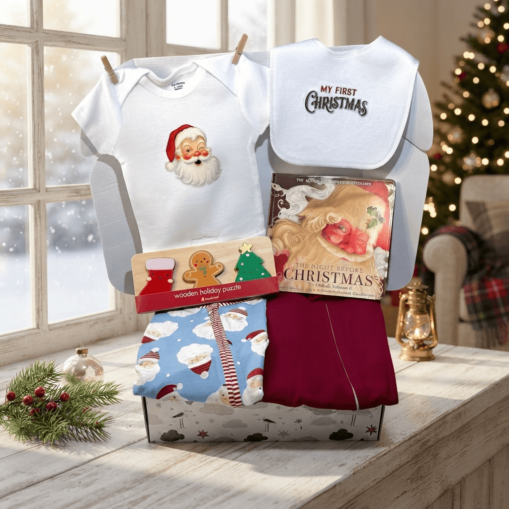 A Christmas baby gift set displayed on a wooden table by a window, featuring a white onesie with a Santa face graphic, a white bib reading 'MY FIRST CHRISTMAS,' a book titled 'A Christmas Story,' a wooden holiday puzzle, and folded baby clothes in blue Santa print and burgundy.