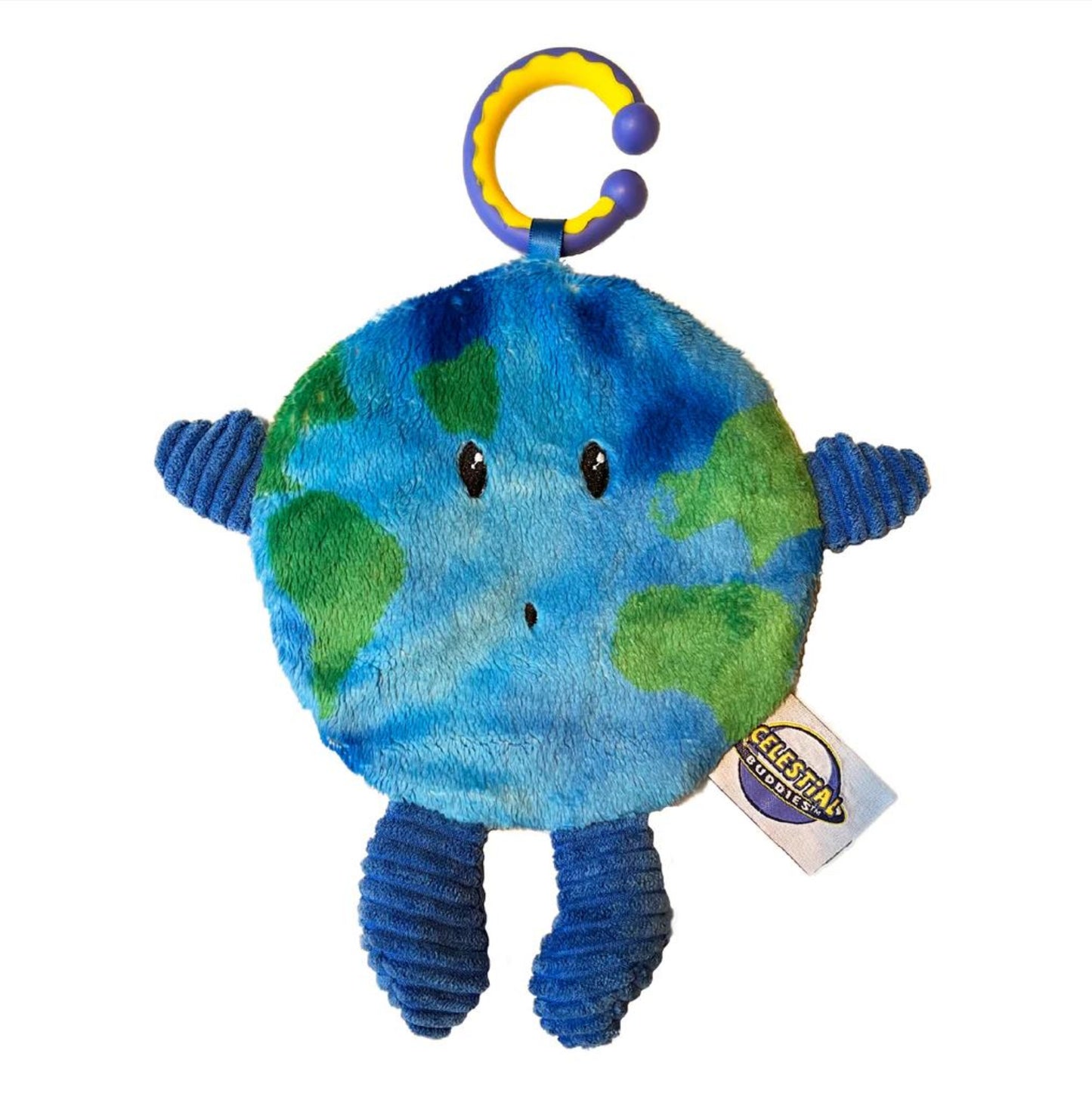 Plush toy resembling the Earth with a yellow tag on a white background