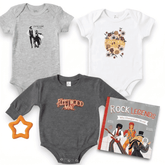 Three baby onesies with different designs and a book titled 'Rock Legends' on a white background.