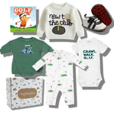 Hey Baby Box Golf Collection baby gift set with sweater, onesies, romper, shoes, and book.