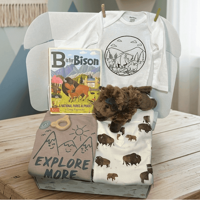 Baby items including t-shirts, a book, and a blanket with bison designs on a wooden table.