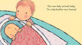 Illustration of a child holding a baby wrapped in a blanket with text about becoming a big brother.