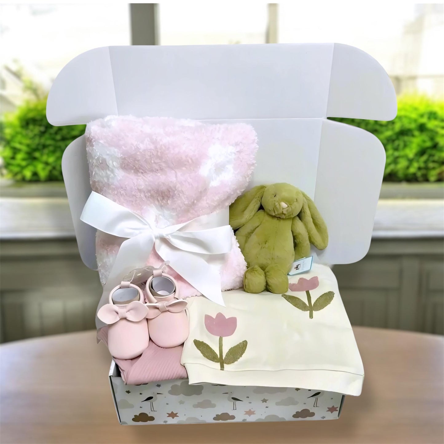 Spring Baby Girl Gift Box – Jellycat Bunny & Organic Cotton Outfit (0–3M)