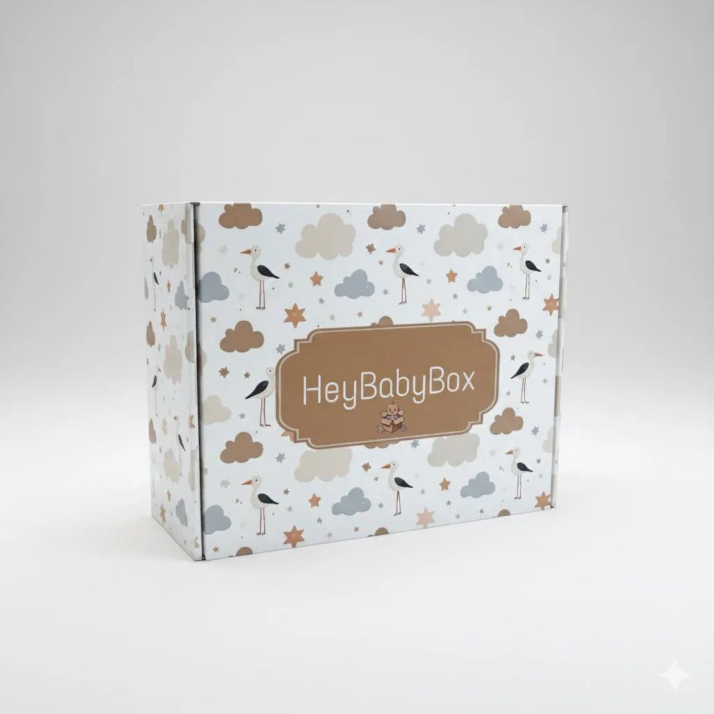 Box with 'HeyBabyBox' branding on a white background