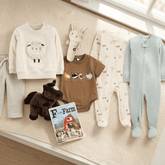A styled flat-lay of baby clothing and accessories on a cream woven rug near a window. The set includes a cream sweatshirt with a sheep graphic, gray pants, a brown bodysuit with bird graphics, a cream footed one-piece with small prints, a light blue footed one-piece, a plush bunny toy, a plush dark brown horse, and a children's book titled 'Farm to My Farm'.