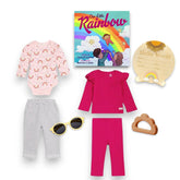 Children's clothing set with a book titled 'Dear Little Rainbow' on a white background