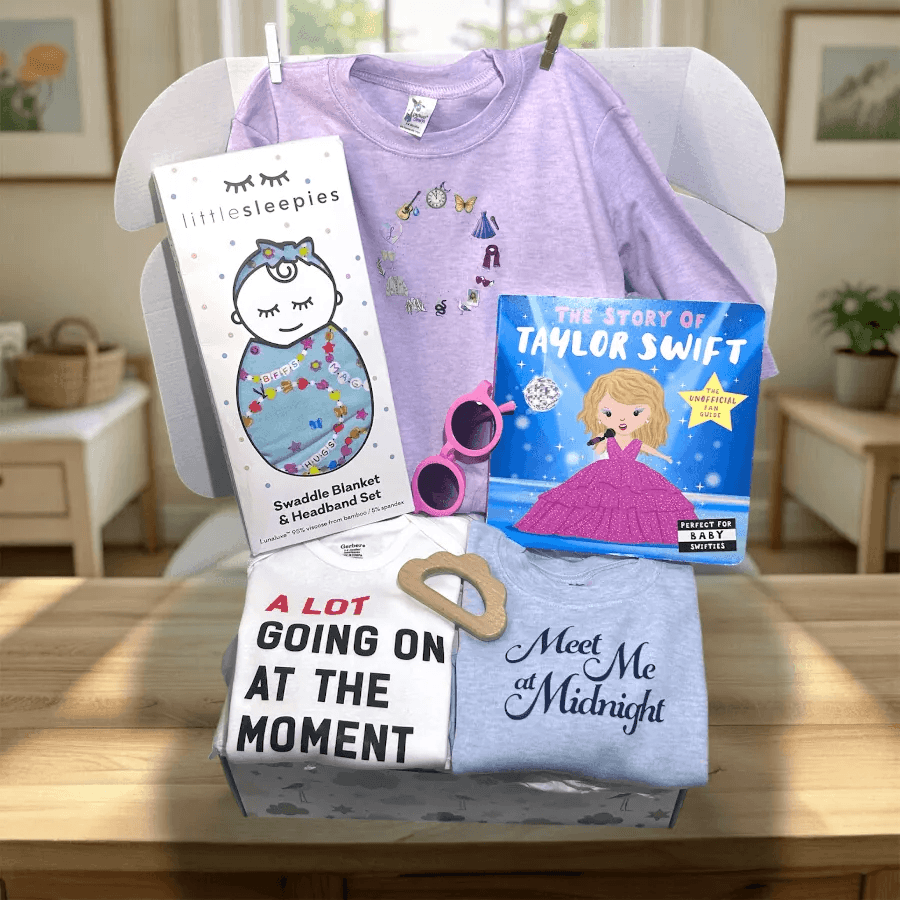 Baby gift set with purple shirt, swaddle blanket, book, and baby shoes on a table.