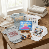 Collection of baby clothing and toys on a wooden surface with a window in the background.