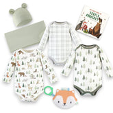 Quilted Forest Animals Onesie
Quilted Forest Tree Onesie
Quilted Grey Plaid Onesie
Sage Green Swaddle Blanket
Sage Green Coordinated Bear Hat
Soft Crinkle Fox Stroller Toy
Book: "My First Book of Forest Animals"