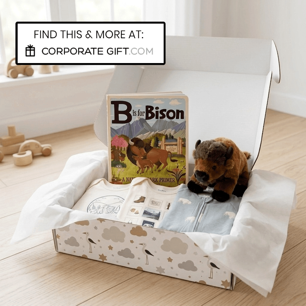 A baby gift box set on a light wood floor, containing a baby denim outfit, a book titled 'B is for Bison', a plush bison toy, and a baby blanket. A white text banner at the top reads 'FIND THIS & MORE AT: CORPORATE GIFT.