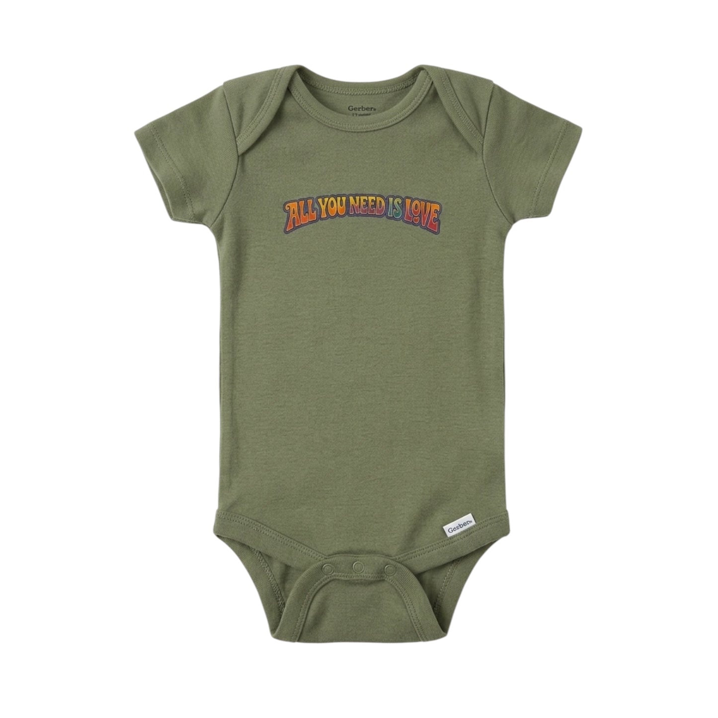 Green baby onesie with 'All You Need Is Love' text on a white background