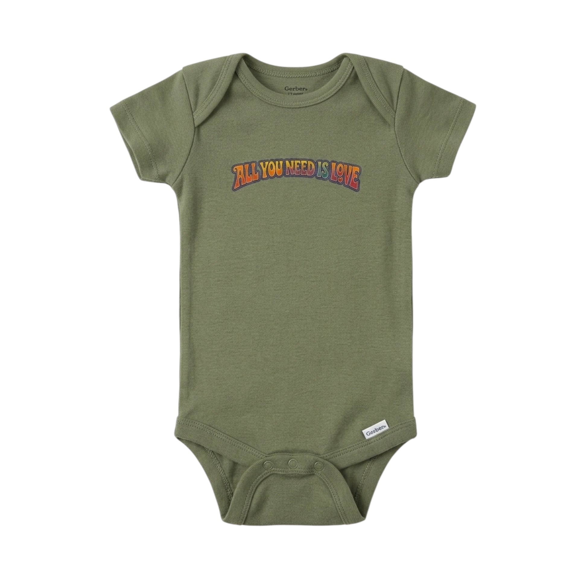 Green baby onesie with 'All You Need Is Love' text on a white background