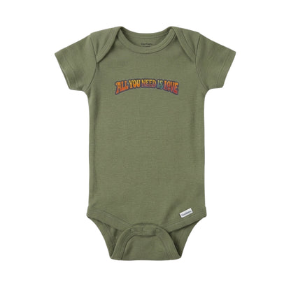 Green baby onesie with 'All You Need Is Love' text on a white background