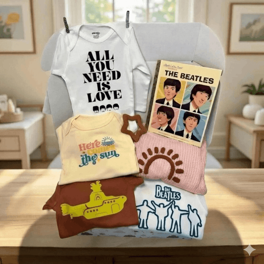 Collection of baby clothing and items with 'The Beatles' design on a table.
