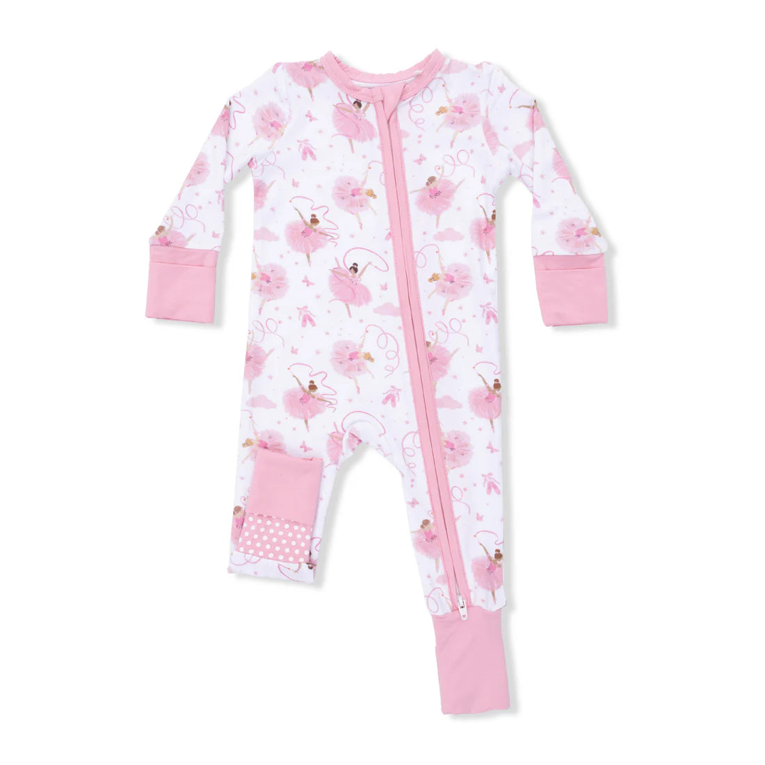 Pink and white baby onesie with flamingo pattern on a white background