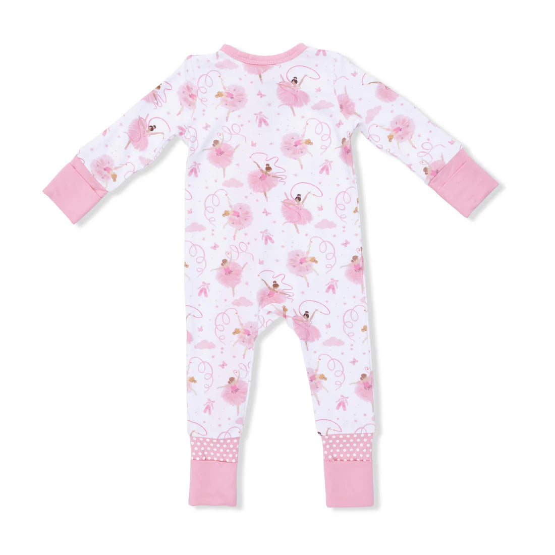 Baby onesie with pink flamingo pattern on a white background
