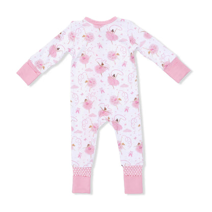 Baby onesie with pink flamingo pattern on a white background