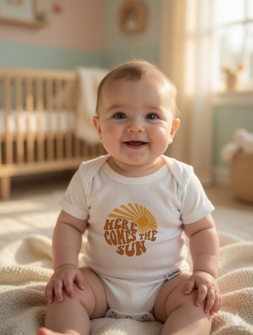 Baby sitting on a blanket wearing a onesie with 'Here Comes the Sun' text in a softly lit room.
