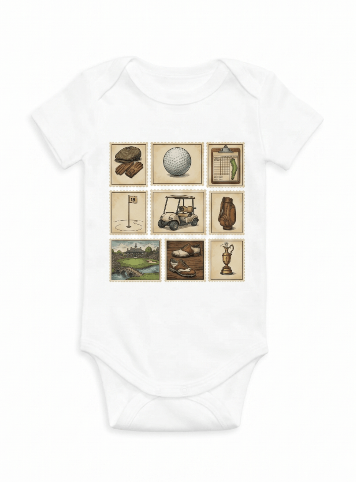 A white short-sleeve baby bodysuit featuring a 3x3 grid graphic on the chest with vintage-style illustrations of golf items and scenes, including a golf ball, clubs, cart, flag, bag, trophy, and landscape.