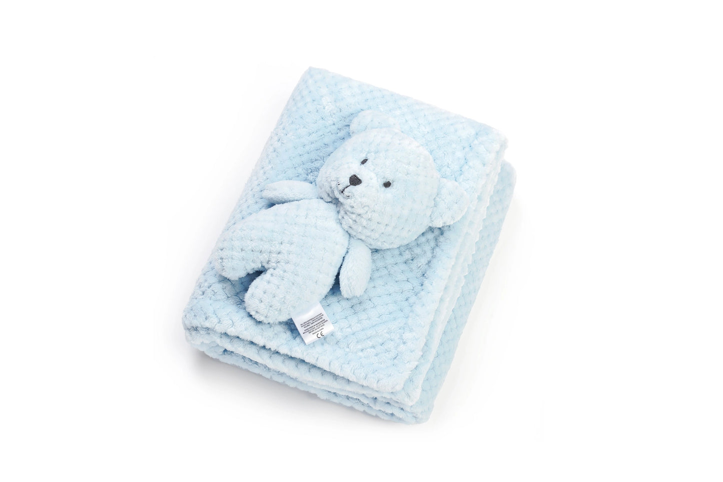 A light blue textured baby blanket with a matching plush teddy bear toy, photographed on a clean white background.