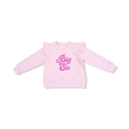 Pink sweatshirt with 'Big Sis' text on a white background
